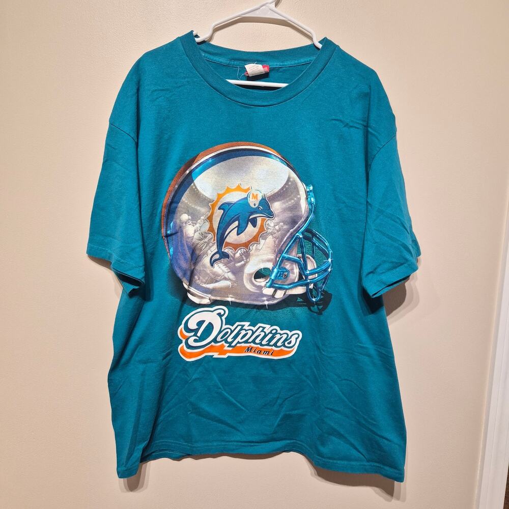 Vintage NFL Miami Dolphins Aqua Teal Blue XL T Shirt with Helmet 100% Cotton